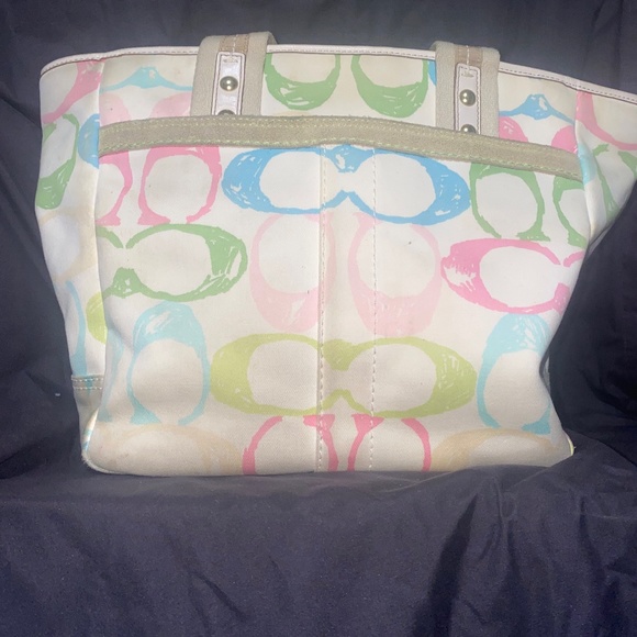 Coach Handbags - Vintage Coach Pastel Scribble Logo Square Shoulder Purse Leather trim